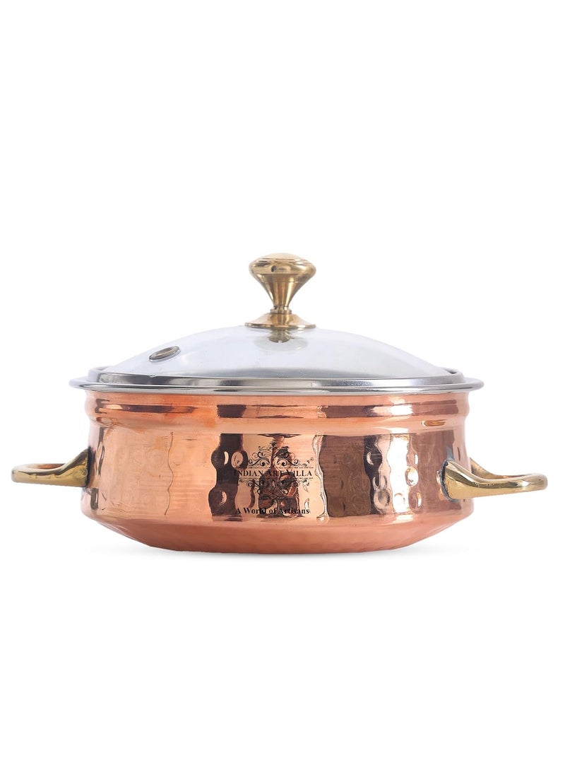 Steel Copper Handi Bowl with Glass Lid for Serving Dishes Tableware Kitchenware for Home and Restaurant 500 ML