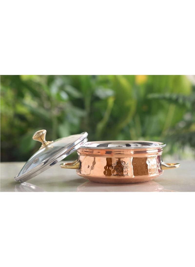 Steel Copper Handi Bowl with Glass Lid for Serving Dishes Tableware Kitchenware for Home and Restaurant 500 ML