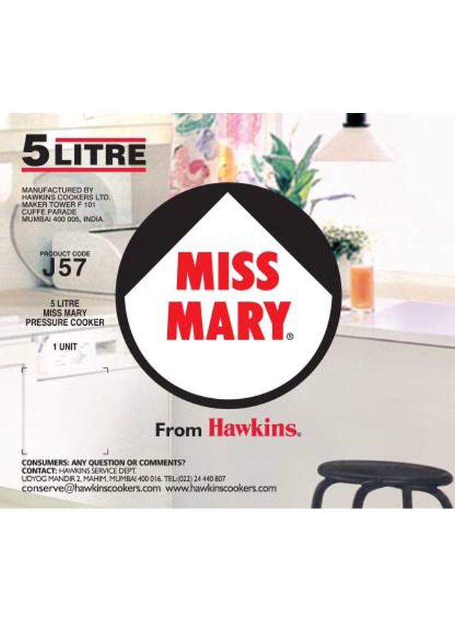 5 Liters Miss Mary Aluminium Pressure Cooker, Inner Lid,Silver Silver/Black