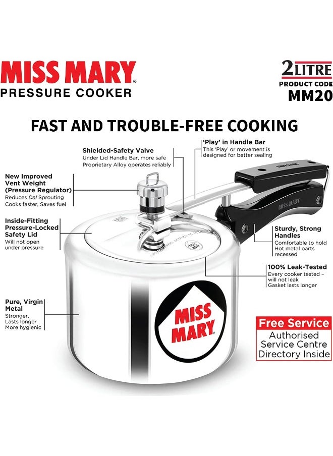 2 Liters Miss Mary Aluminium Pressure Cooker With Inner Lid,Silver