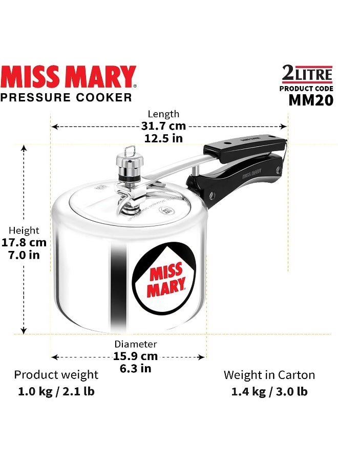 2 Liters Miss Mary Aluminium Pressure Cooker With Inner Lid,Silver