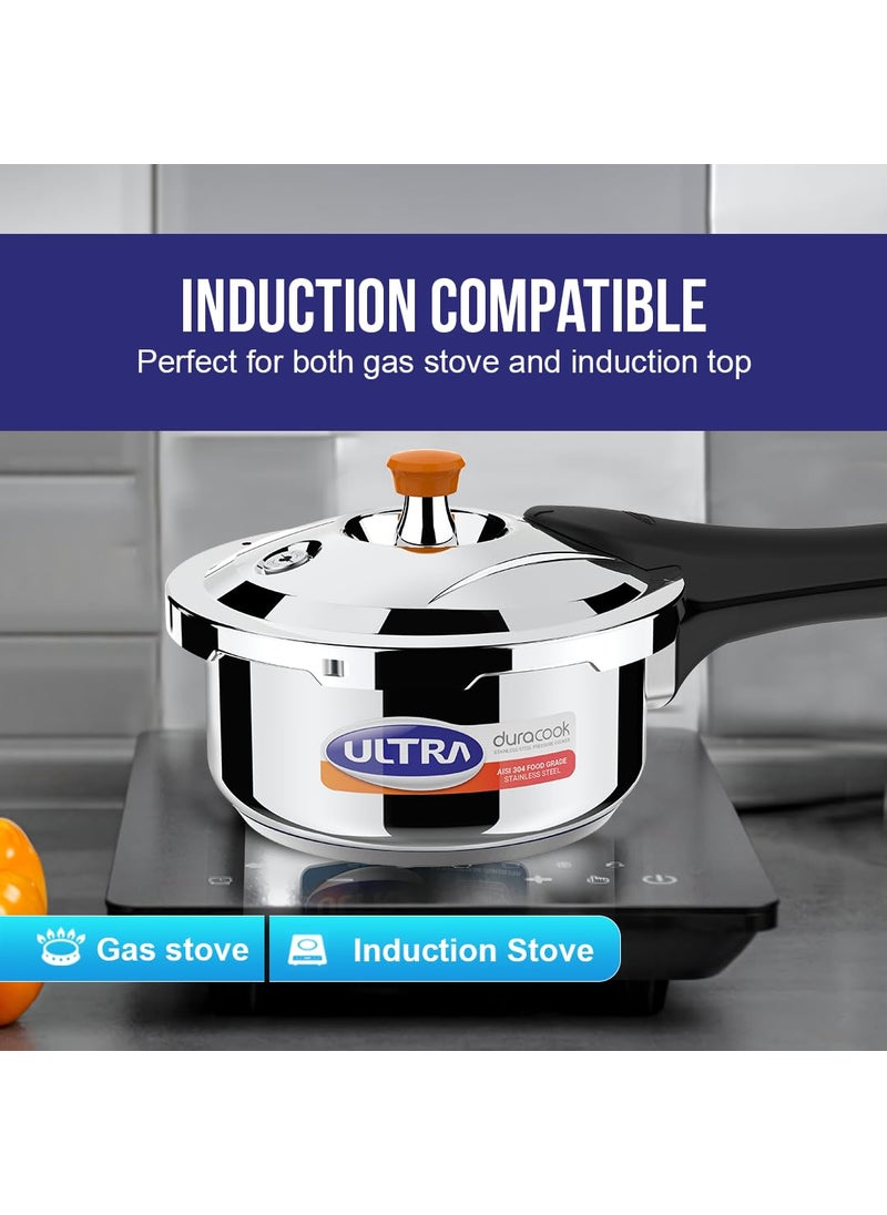 ULTRA Duracook 2L StainlessSteel Outer LidAISI 304 Food Grade SS Pressure Cooker 2 LitreFroth Collectorspillage ControlInductioncooktop CompatibleInjection Moulded Bakelite HandlesISI