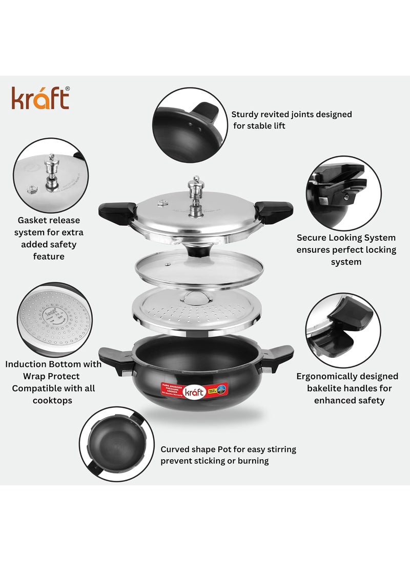 Kraft Magic All In one Smart Aluminium Pressure Cooker with Outer Lid 35 Litres 3 in 1 Hard Anodised Handi Super CookerInduction BaseISI Certified 2 Year Warranty