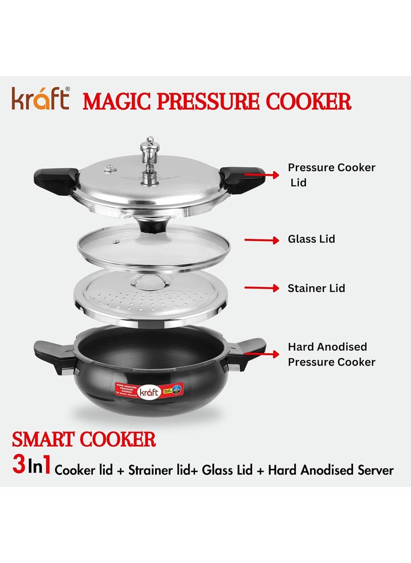 Kraft Magic All In one Smart Aluminium Pressure Cooker with Outer Lid 35 Litres 3 in 1 Hard Anodised Handi Super CookerInduction BaseISI Certified 2 Year Warranty