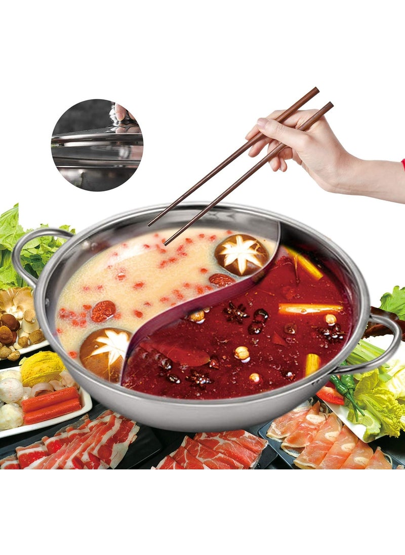 Delavala Stainless Steel Shabu Shabu Hot Pot with Divider for Induction Cooktop Gas Stove 30cm with Cover Partition Pot Cooking PotBig Soup PotTwoFlavor Design S Grid Mandarin Duck Pot