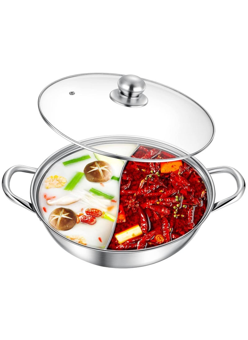 Delavala Stainless Steel Shabu Shabu Hot Pot with Divider for Induction Cooktop Gas Stove 30cm with Cover Partition Pot Cooking PotBig Soup PotTwoFlavor Design S Grid Mandarin Duck Pot