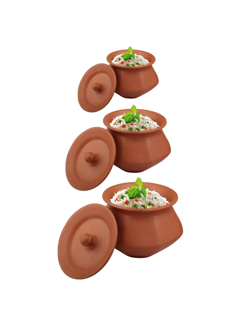 Stylish Clay Curd Pot Hand Craft Clay Pot with Lid for Cooking Biryani Handi Lightweight Durable Mitti Handi Clay Dahi Handi for Kitchen Clay Curd Pot Brown Colour Phal Handi Set of 3