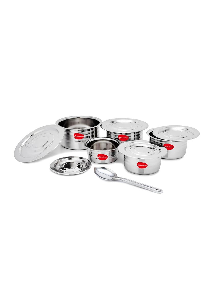 KLASSI KICHEN Stainless Steel 5 Pc TopeCookwarePot Set with Lid and Serving Spoon 1000ML 1500ML 2000ML2500 ML 3000 ML Silver