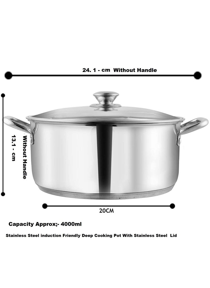 Bartan Star Stainless Steel Induction Friendly Deep Cooking Pot with Lid 4 litres
