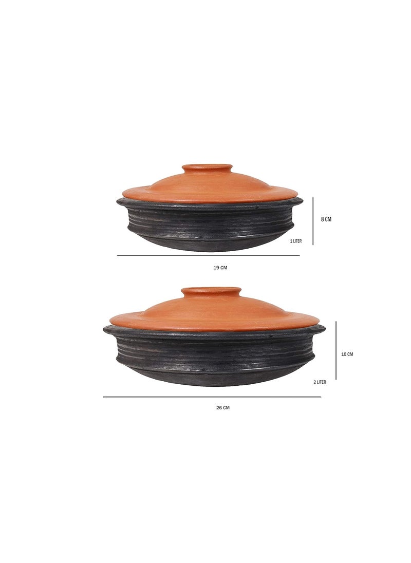4U CRAFTS India Online Deep Burned Terracotta Pottery Earthen Kadai Clay Pots Combo for CookingGas Stove and Microwave Unglazed with Lid Black 3 Ltr