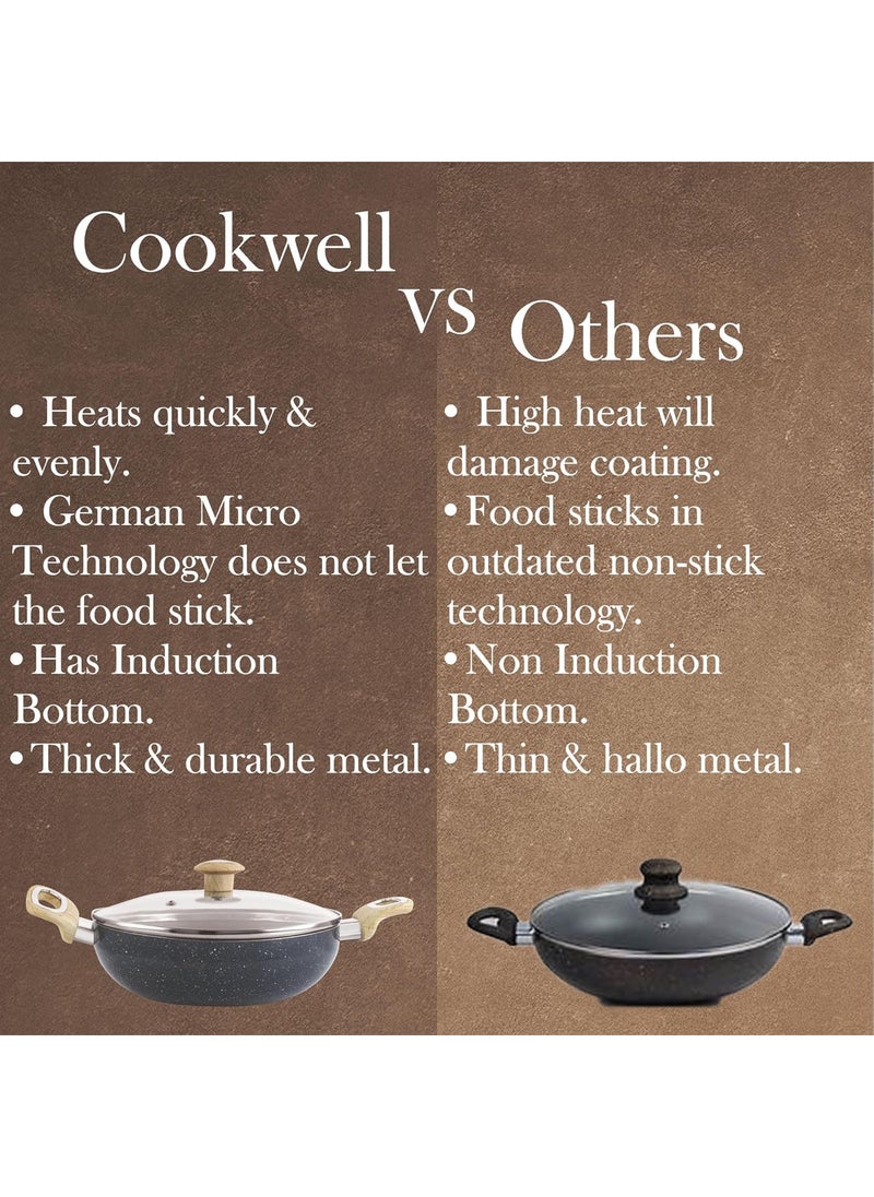 COOKWELL Non Stick Kadai 25L StirFry Pan German Microcrystal Technology Steel Grey