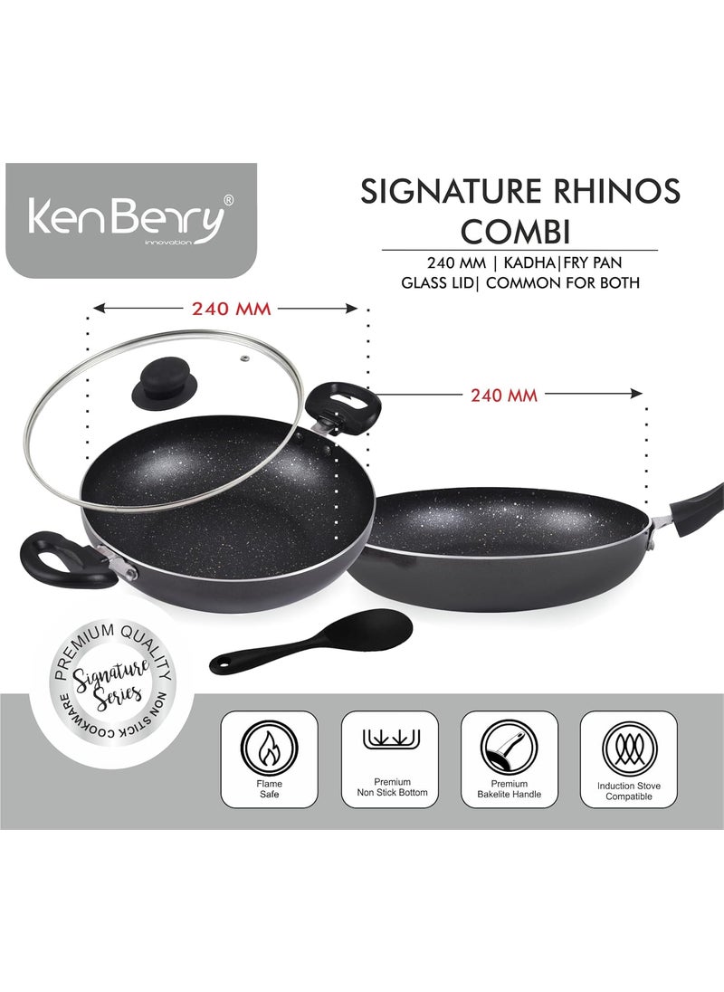 KenBerry Signature Rhinos Plus 240 Superior Non Stick Kitchen Combo Kadhai Fry Pan Glass Lid NonStick Cookware Set Aluminium 3 PCs Set Induction Base