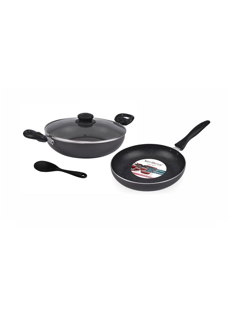 KenBerry Signature Rhinos Plus 240 Superior Non Stick Kitchen Combo Kadhai Fry Pan Glass Lid NonStick Cookware Set Aluminium 3 PCs Set Induction Base