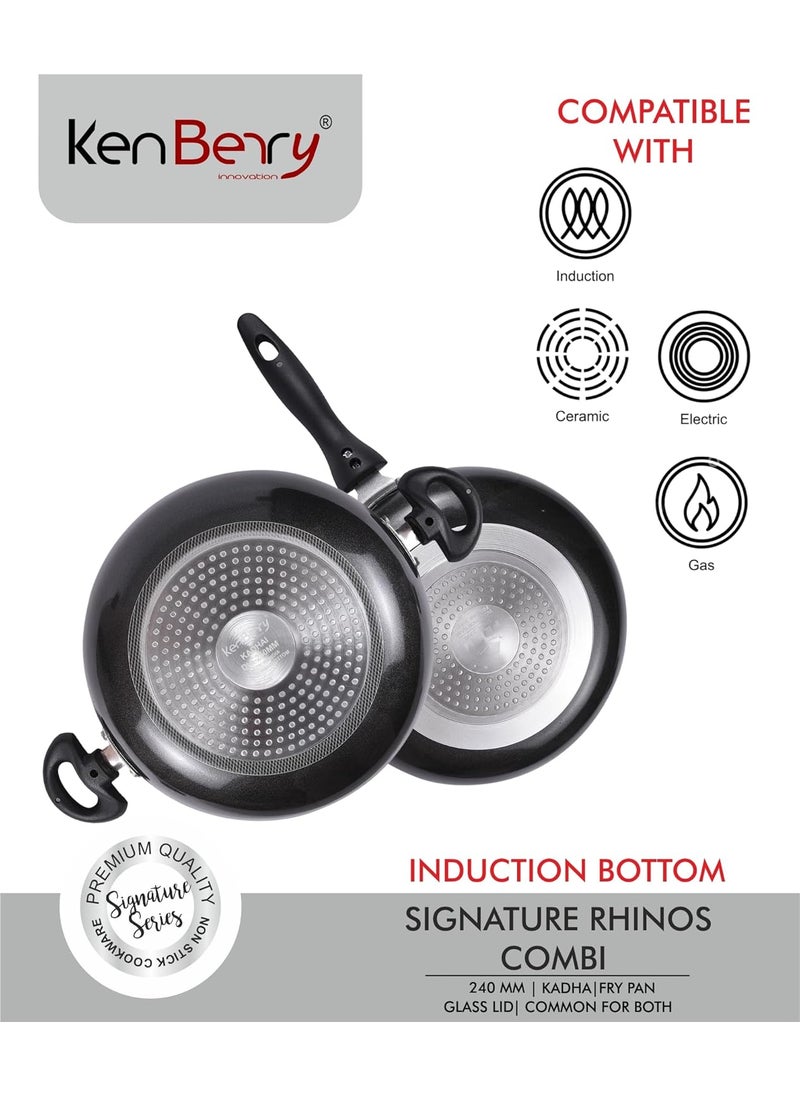 KenBerry Signature Rhinos Plus 240 Superior Non Stick Kitchen Combo Kadhai Fry Pan Glass Lid NonStick Cookware Set Aluminium 3 PCs Set Induction Base