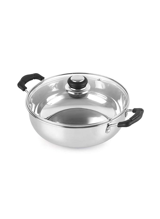 Alark Deluxe Kadhai Stainless Steel Wok Tempered Glass Lid InductionFriendly Sandwich Bottom 3 Liters 3 Quarts MultiUse Pot Suitable for Indian Cooking Gravy Gas Stove Compatible