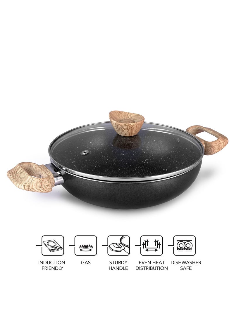 JUGTE Non Stick KadaiInduction Kadai Granite Stone Kadhai with Glass Lid Deep Frying Pan Kadai with Lid for Cooking Biryani Pot PFOA Free Dishwasher Safe