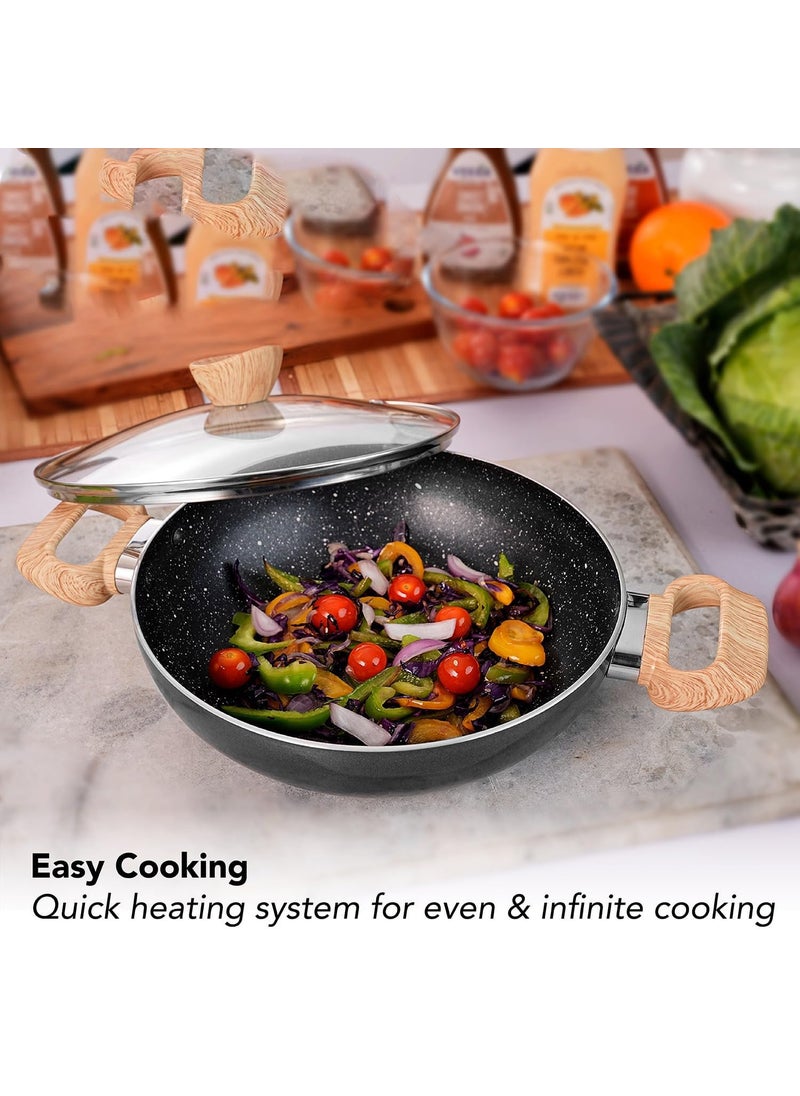 JUGTE Non Stick KadaiInduction Kadai Granite Stone Kadhai with Glass Lid Deep Frying Pan Kadai with Lid for Cooking Biryani Pot PFOA Free Dishwasher Safe