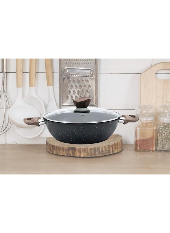 JUGTE Non Stick KadaiInduction Kadai Granite Stone Kadhai with Glass Lid Deep Frying Pan Kadai with Lid for Cooking Biryani Pot PFOA Free Dishwasher Safe