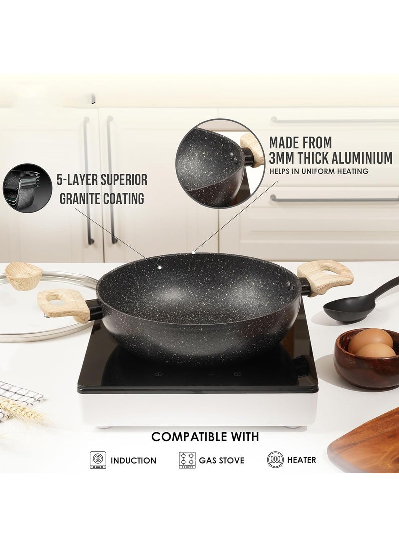 JUGTE Non Stick KadaiInduction Kadai Granite Stone Kadhai with Glass Lid Deep Frying Pan Kadai with Lid for Cooking Biryani Pot PFOA Free Dishwasher Safe
