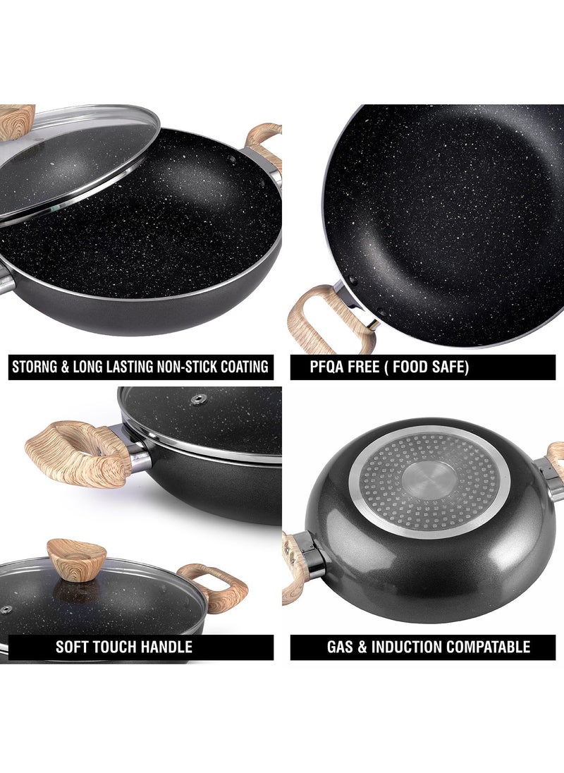 JUGTE Non Stick KadaiInduction Kadai Granite Stone Kadhai with Glass Lid Deep Frying Pan Kadai with Lid for Cooking Biryani Pot PFOA Free Dishwasher Safe
