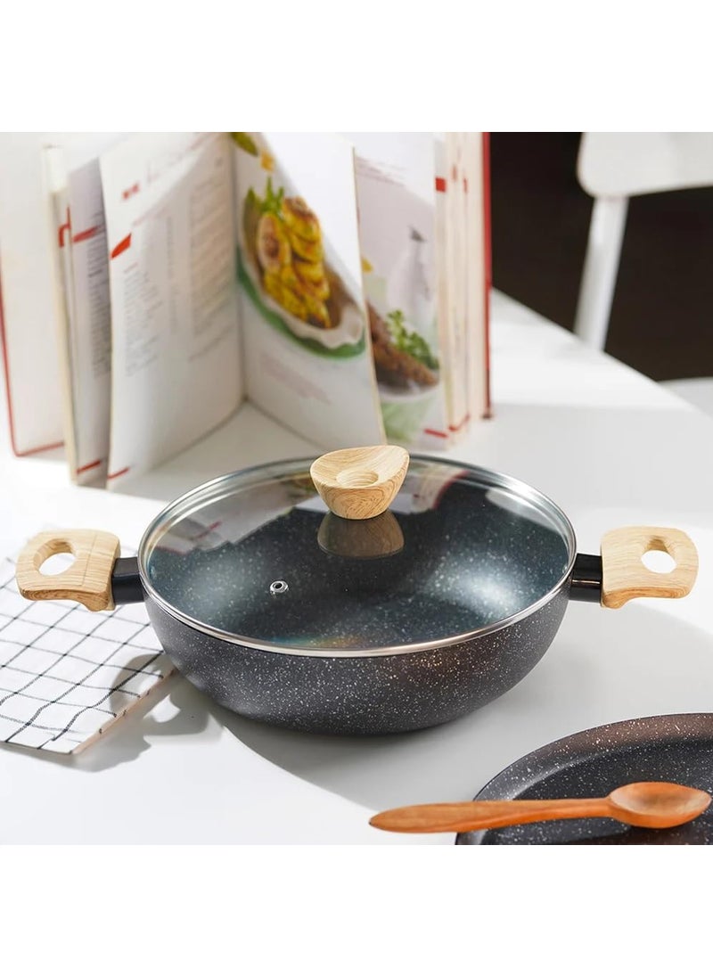 HaRvic Non Stick Kadai NonStick Casserole with LidInduction Fry Kadai Granite Stone Kadhai with Glass Lid Kadai with Lid for Cooking PFOAFree Biryani PotRice PotDishwasher Safe Black 24cm
