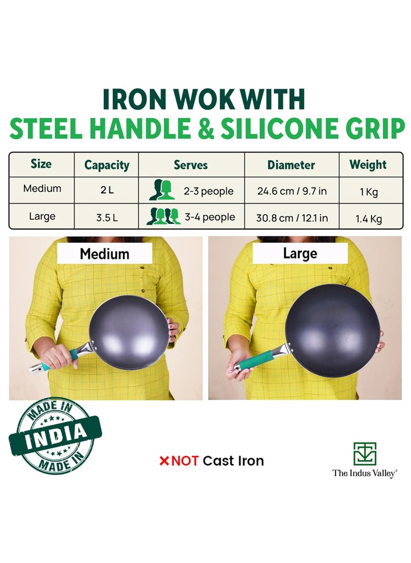 The Indus Valley Pure Iron Wok With Silicone Grip Large 308Cm121 Inch 35Ltr 14Kg Gas Compatible PreSeasoned Wok 100 Pure ToxinFree No Chemical Coating Black