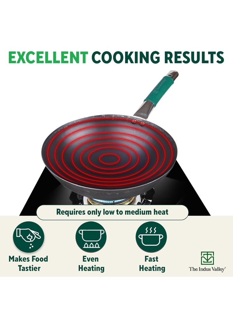 The Indus Valley Pure Iron Wok With Silicone Grip Large 308Cm121 Inch 35Ltr 14Kg Gas Compatible PreSeasoned Wok 100 Pure ToxinFree No Chemical Coating Black