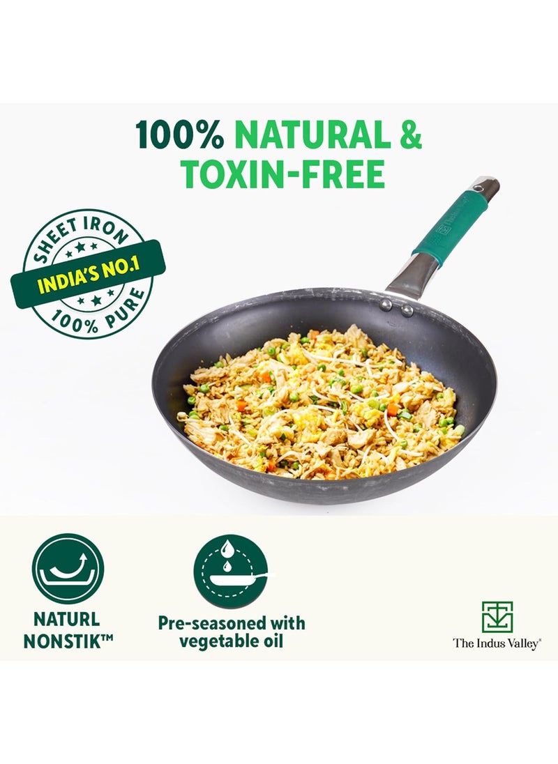 The Indus Valley Pure Iron Wok With Silicone Grip Large 308Cm121 Inch 35Ltr 14Kg Gas Compatible PreSeasoned Wok 100 Pure ToxinFree No Chemical Coating Black