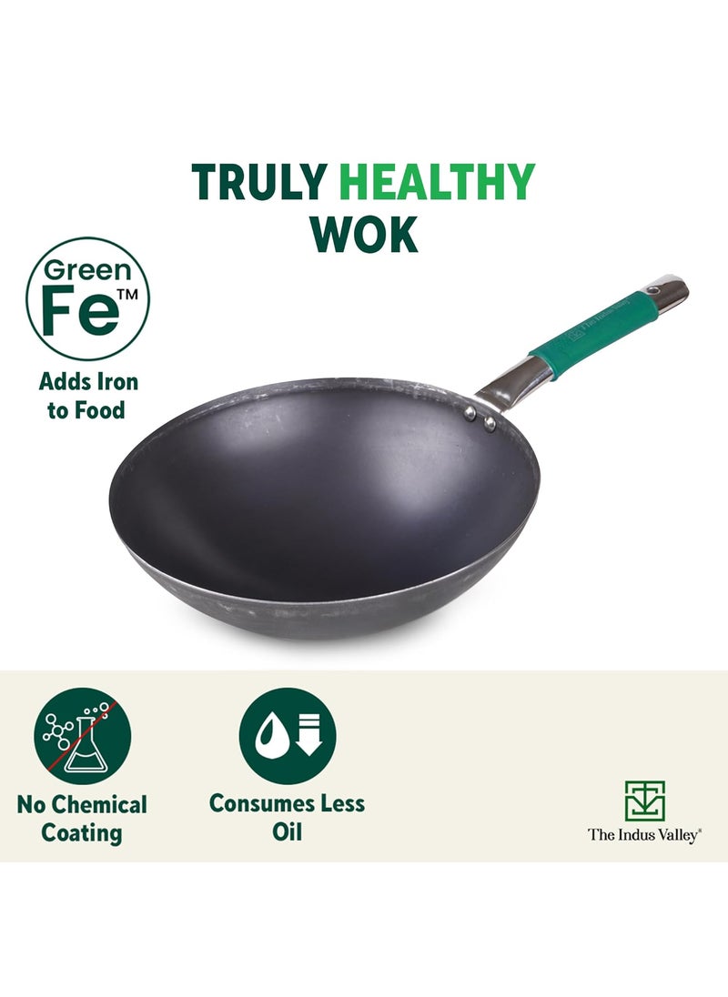 The Indus Valley Pure Iron Wok With Silicone Grip Large 308Cm121 Inch 35Ltr 14Kg Gas Compatible PreSeasoned Wok 100 Pure ToxinFree No Chemical Coating Black