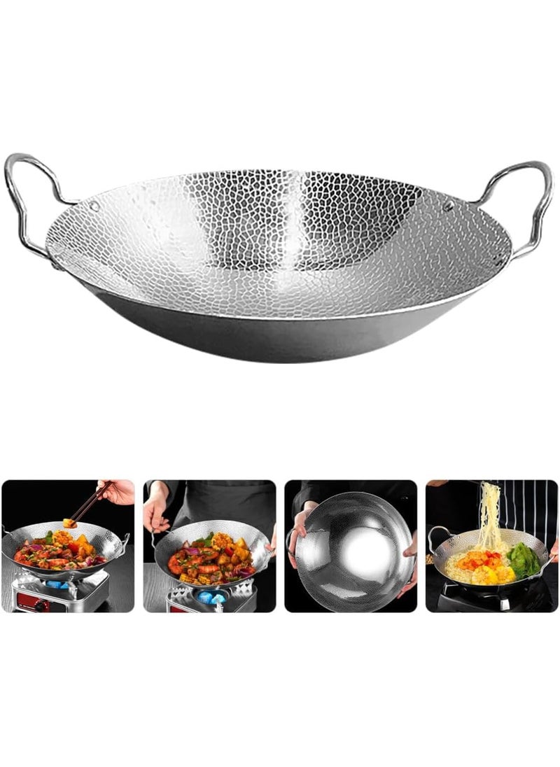 Yopple Stainless Steel Hammered Wok 10Inch Round Bottom Kadhai with Handles Deep Frying Pan for Stir Fry Boiling Steaming Versatile Cookware for Gas Induction Stoves