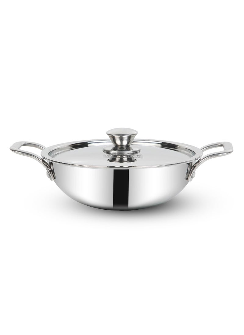 Eurostyle Extra Deep Triply Stainless Steel Kadai with Lid 22cm 15L InductionCompatible Heavy Bottom Premium Cookware Long Lasting Durability with Mirror Finish 15 Liters
