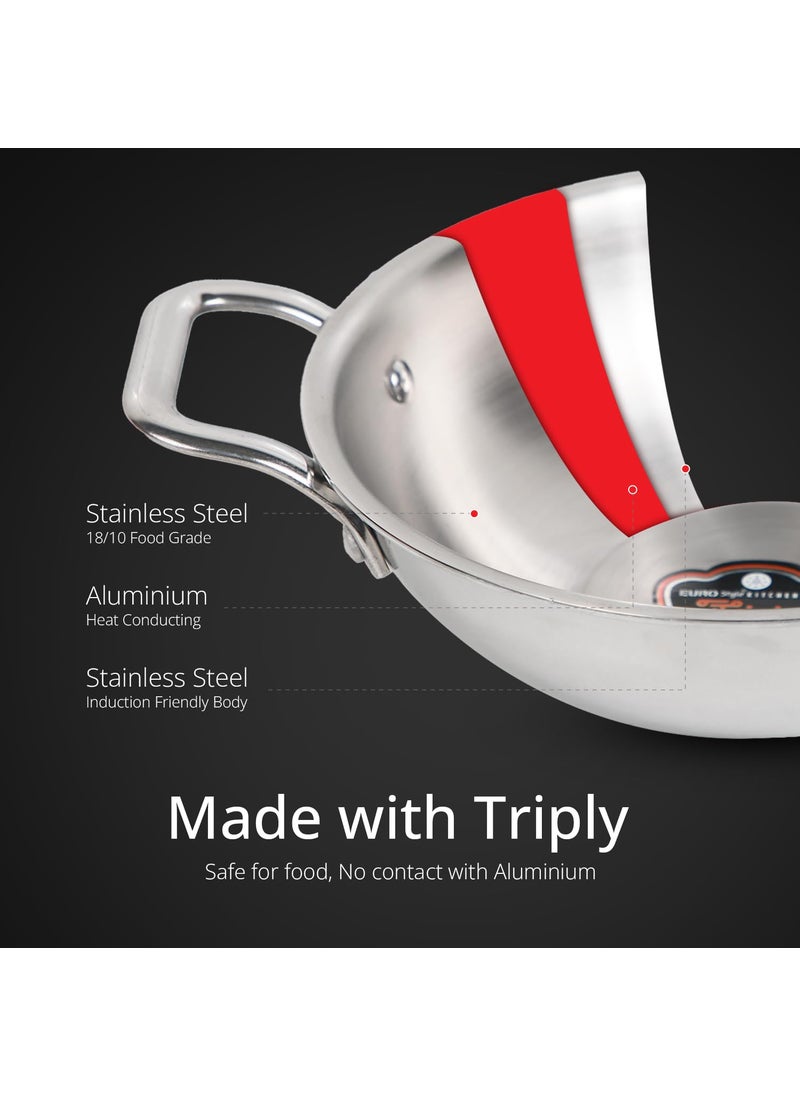 Eurostyle Extra Deep Triply Stainless Steel Kadai with Lid 22cm 15L InductionCompatible Heavy Bottom Premium Cookware Long Lasting Durability with Mirror Finish 15 Liters