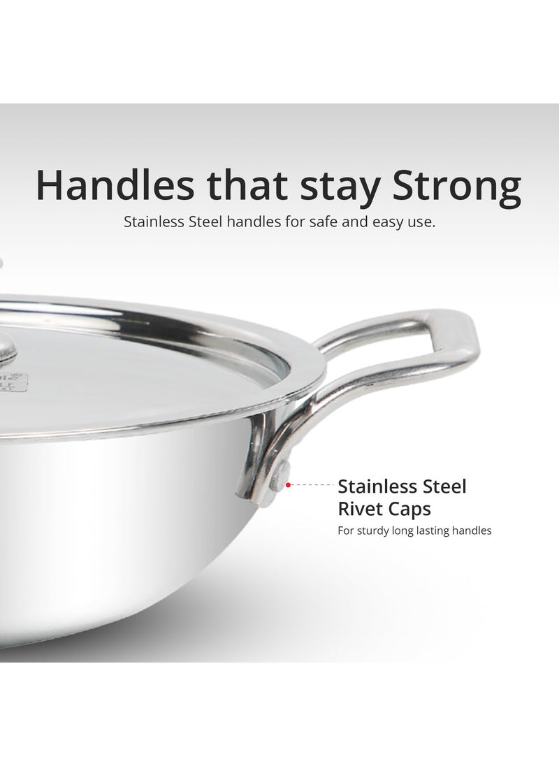 Eurostyle Extra Deep Triply Stainless Steel Kadai with Lid 22cm 15L InductionCompatible Heavy Bottom Premium Cookware Long Lasting Durability with Mirror Finish 15 Liters