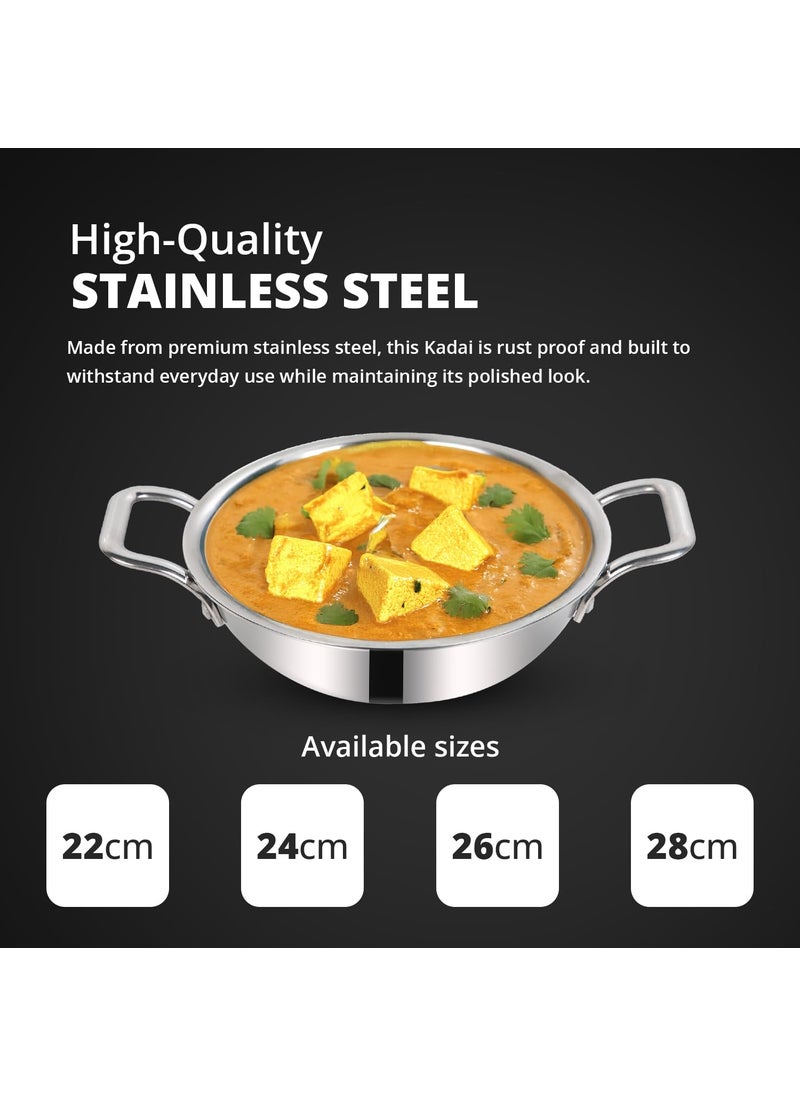 Eurostyle Extra Deep Triply Stainless Steel Kadai with Lid 22cm 15L InductionCompatible Heavy Bottom Premium Cookware Long Lasting Durability with Mirror Finish 15 Liters