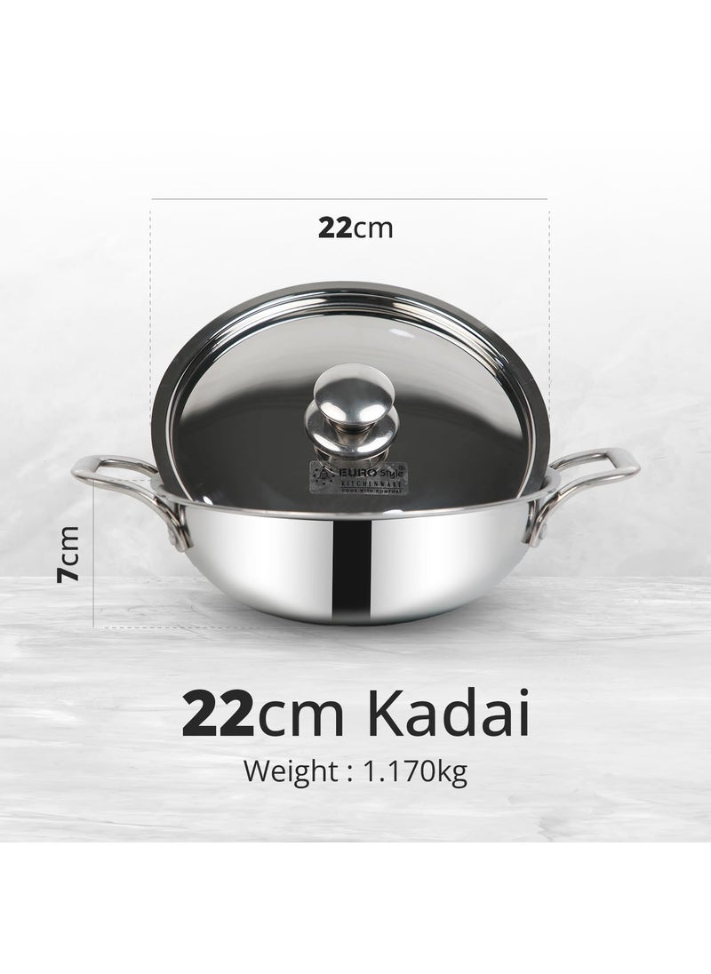 Eurostyle Extra Deep Triply Stainless Steel Kadai with Lid 22cm 15L InductionCompatible Heavy Bottom Premium Cookware Long Lasting Durability with Mirror Finish 15 Liters