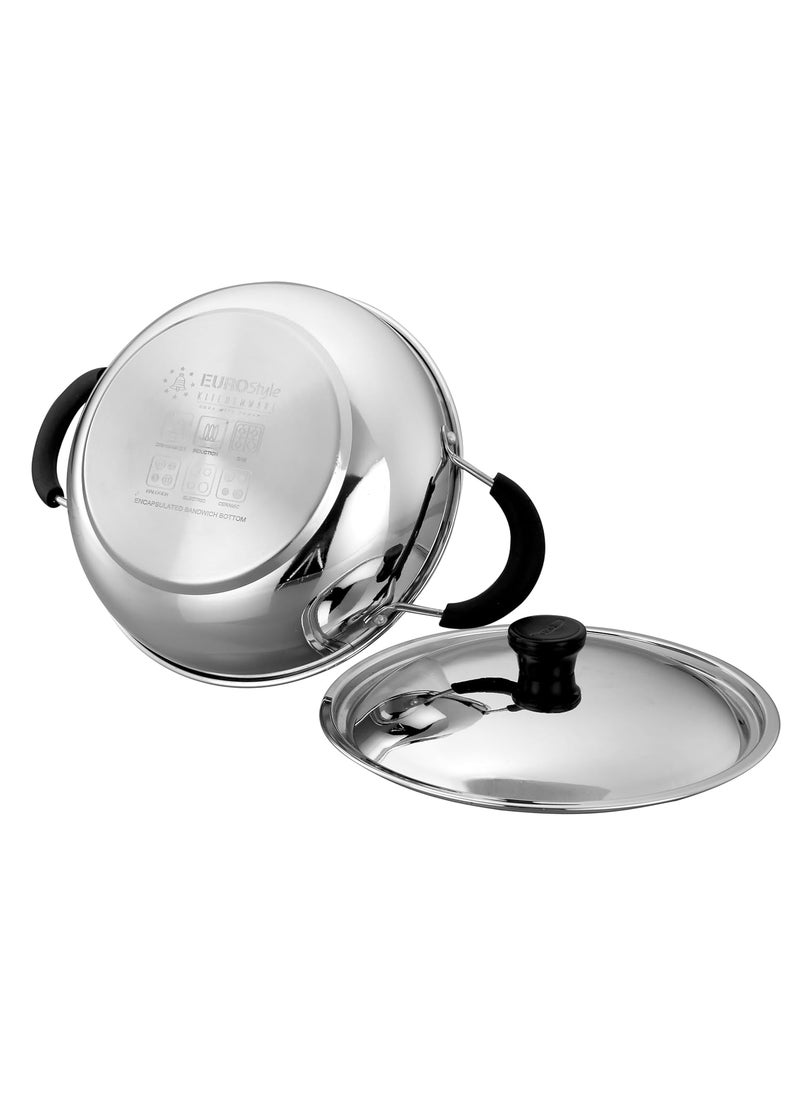 Eurostyle Encapsulated Sandwich Bottom Stainless Steel Heavy Gauge Kadai with Lid 22CM Dia 23Litres Induction Compatible 22CM Dia 23 litres