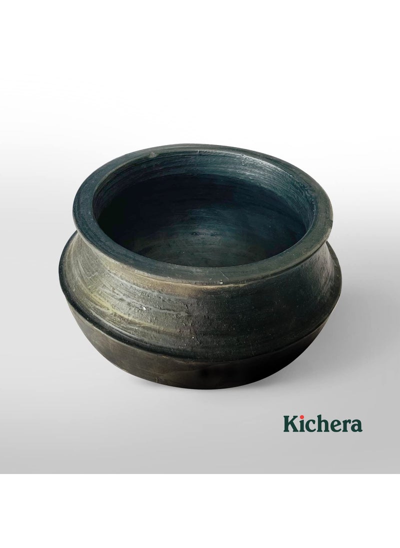 Kichera Unglazed Clay Pot for Cooking Serving Black Earthen KadaiMud Handi 3 Litre