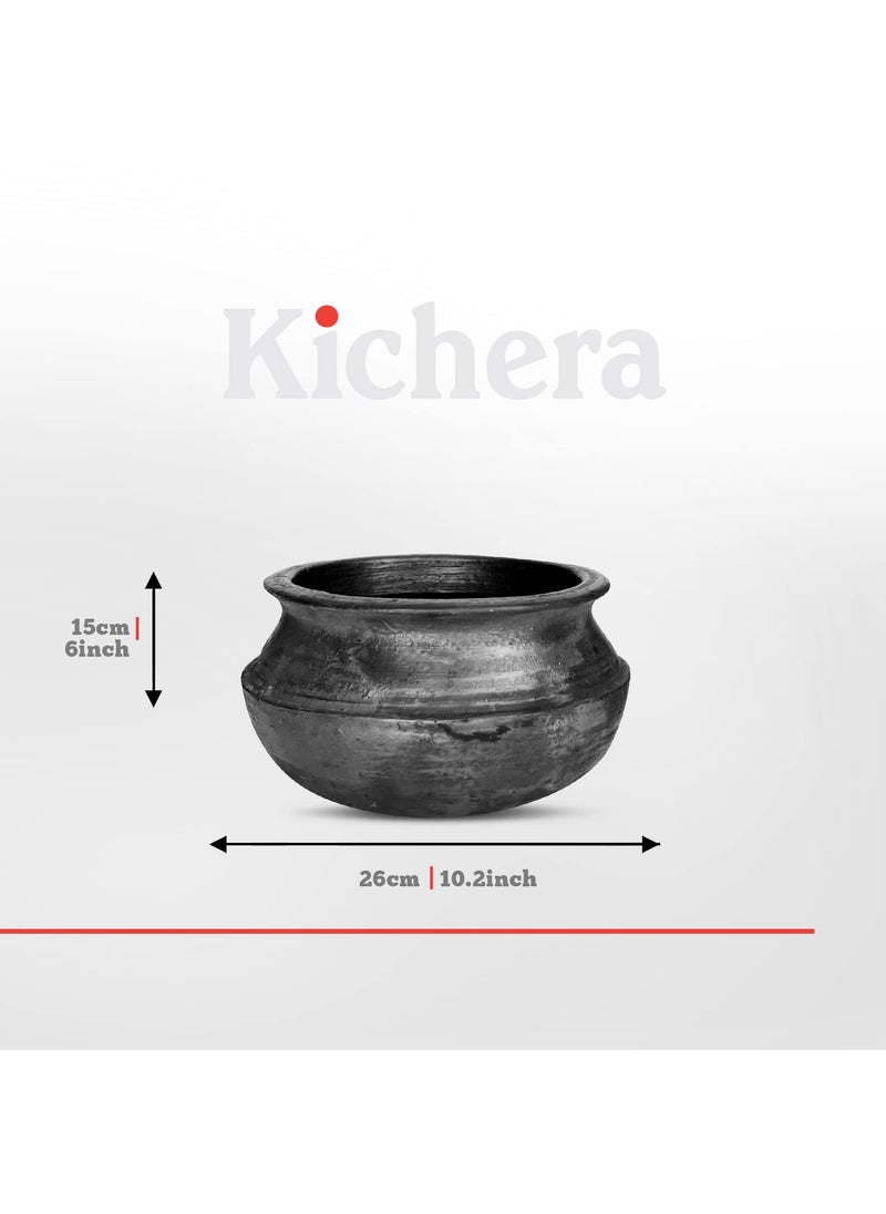 Kichera Unglazed Clay Pot for Cooking Serving Black Earthen KadaiMud Handi 3 Litre