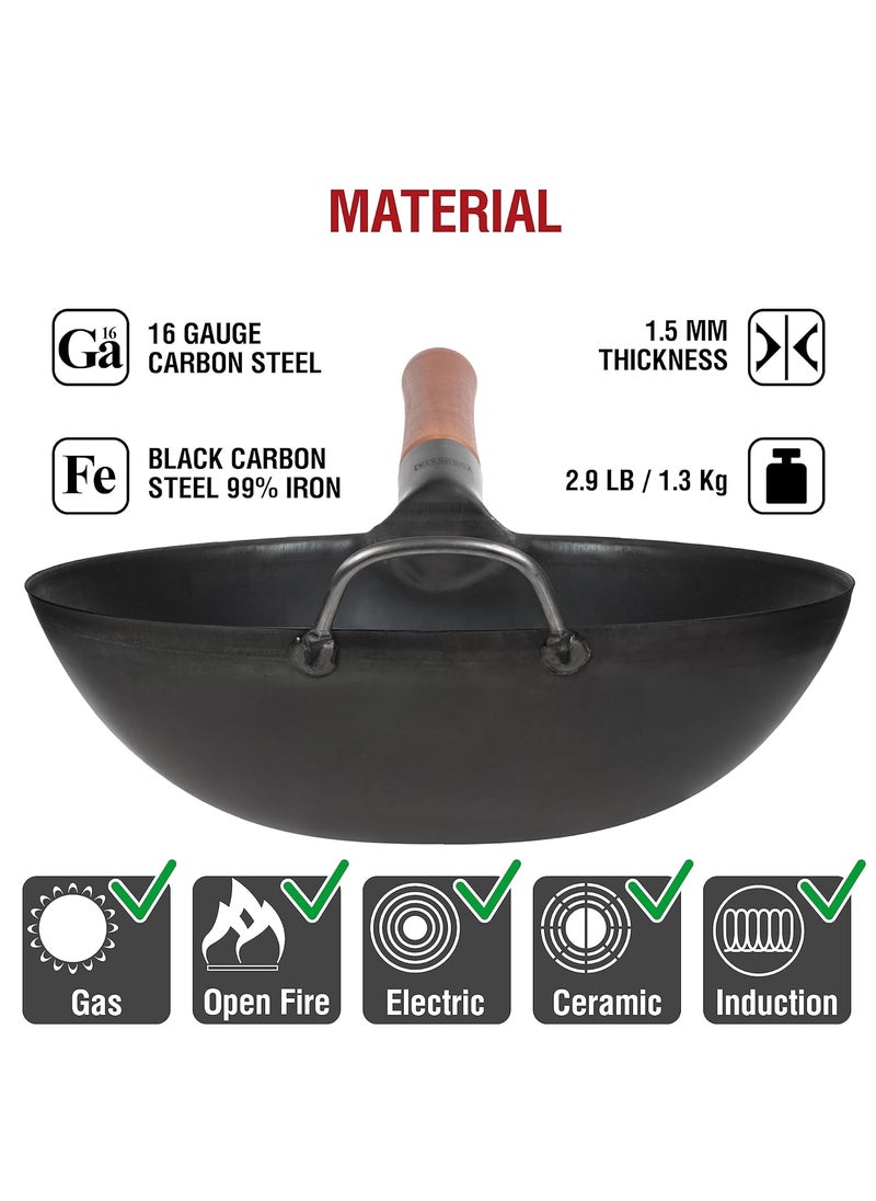 PreSeasoned Carbon Steel Wok Pan 116 Woks and Stir Fry Pans Chinese Wok with Flat Bottom Pow Wok Traditional Chinese Japanese Woks Black Steel Wok