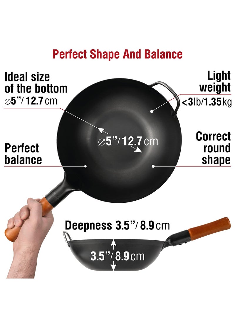 PreSeasoned Carbon Steel Wok Pan 116 Woks and Stir Fry Pans Chinese Wok with Flat Bottom Pow Wok Traditional Chinese Japanese Woks Black Steel Wok