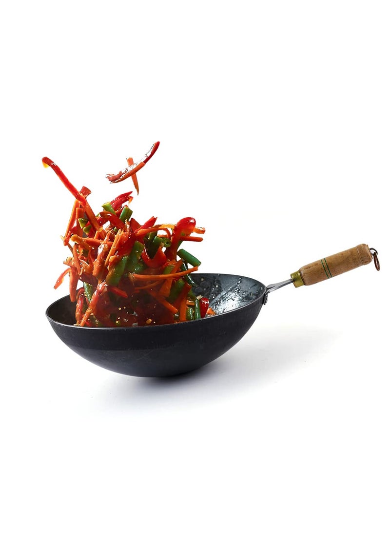 The Indus Valley PreSeasoned Iron Wok with Strong Wooden Handle Small 254cm10 inch 22Ltr 1kg Gas Compatible PreSeasoned Wok 100 Pure ToxinFree No Chemical Coating