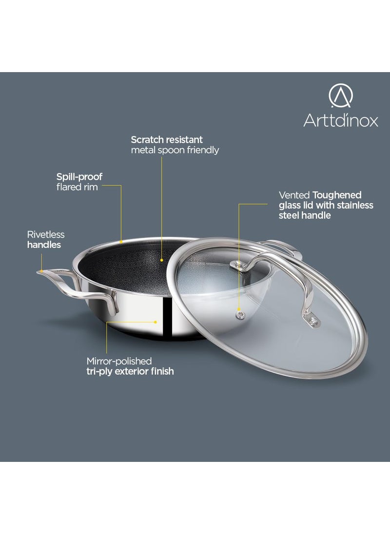 ARTTDINOX Stellar Triply Stainless Steel Kadhai with Lid Triply Kadai Non Stick Kadai Kadai with Lid for Cooking Gas Induction Base 26cm32Ltr Jindal Stainless Silver