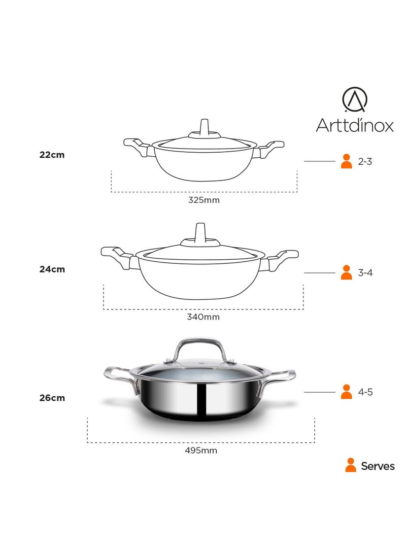 ARTTDINOX Stellar Triply Stainless Steel Kadhai with Lid Triply Kadai Non Stick Kadai Kadai with Lid for Cooking Gas Induction Base 26cm32Ltr Jindal Stainless Silver