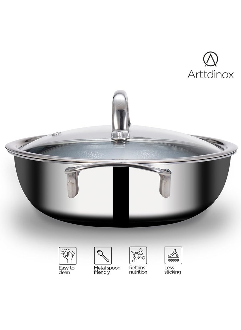 ARTTDINOX Stellar Triply Stainless Steel Kadhai with Lid Triply Kadai Non Stick Kadai Kadai with Lid for Cooking Gas Induction Base 26cm32Ltr Jindal Stainless Silver