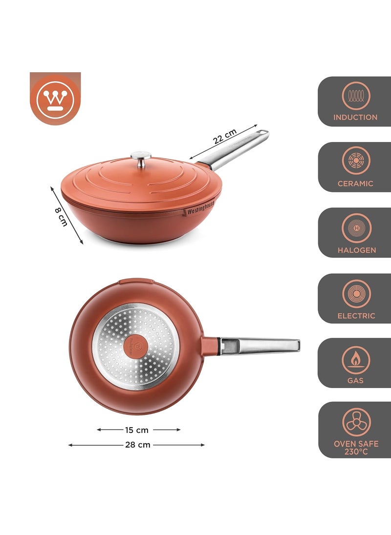 Westinghouse Performance Series WCCW0095028OR Wok Pan with Lid 28 cm Wok Pan Suitable for Induction Cookers All Hobs and OvenSafe Cool Touch Stainless Steel Handle Red