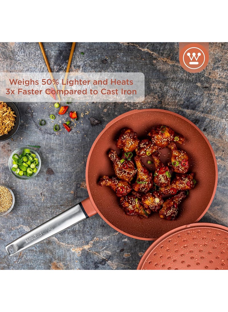 Westinghouse Performance Series WCCW0095028OR Wok Pan with Lid 28 cm Wok Pan Suitable for Induction Cookers All Hobs and OvenSafe Cool Touch Stainless Steel Handle Red