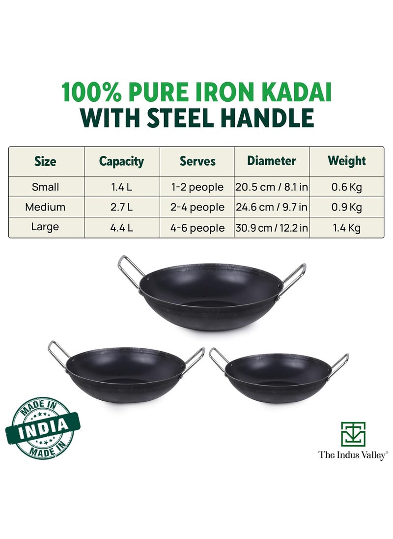 The Indus Valley PreSeasoned Iron Kadai With Strong Handles Medium25 Cm96 Inch2 Ltr095Kg Induction Friendly PreSeasoned Iron Kadhai100 Pure ToxinFreeNo Chemical CoatingBlack