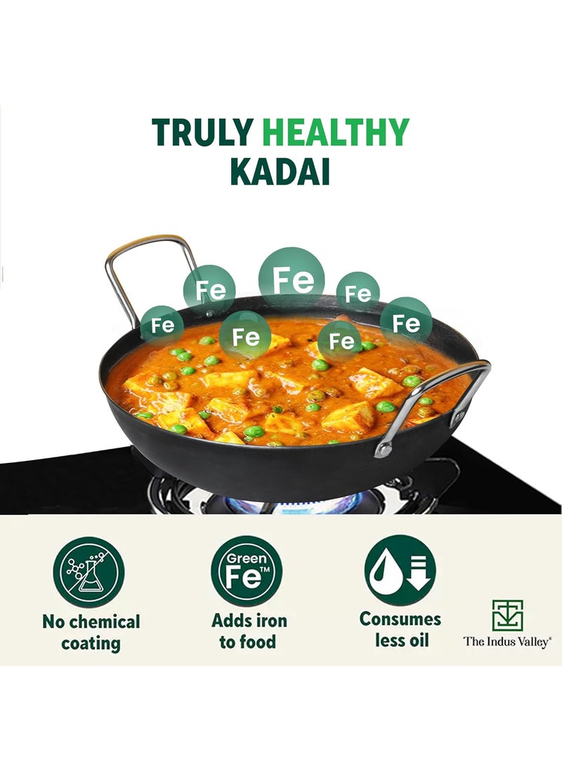 The Indus Valley PreSeasoned Iron Kadai With Strong Handles Medium25 Cm96 Inch2 Ltr095Kg Induction Friendly PreSeasoned Iron Kadhai100 Pure ToxinFreeNo Chemical CoatingBlack