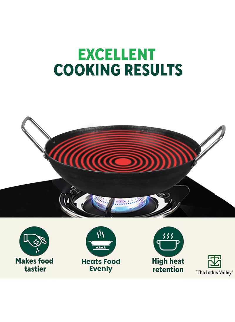 The Indus Valley PreSeasoned Iron Kadai With Strong Handles Medium25 Cm96 Inch2 Ltr095Kg Induction Friendly PreSeasoned Iron Kadhai100 Pure ToxinFreeNo Chemical CoatingBlack