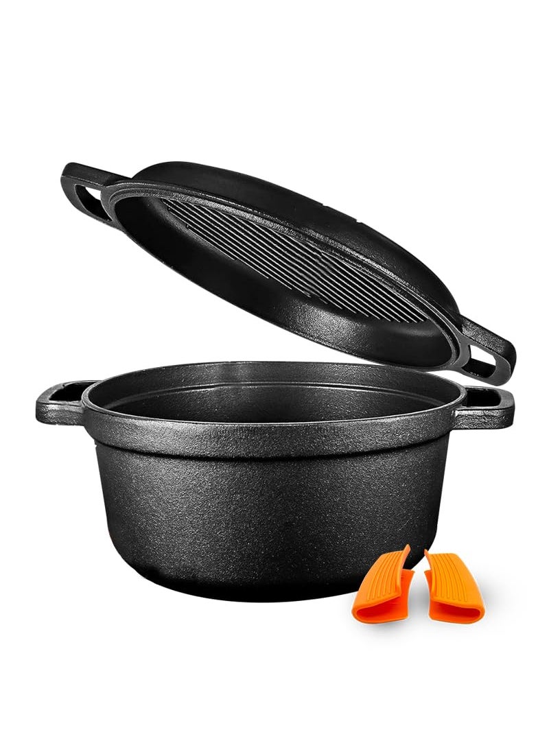 CountryCook PreSeasoned 2 in 1 Cast Iron 5L Biryani PotHandi with Grill Lid Thick Bottom for Slow Cooking Induction Friendly Heavy Duty